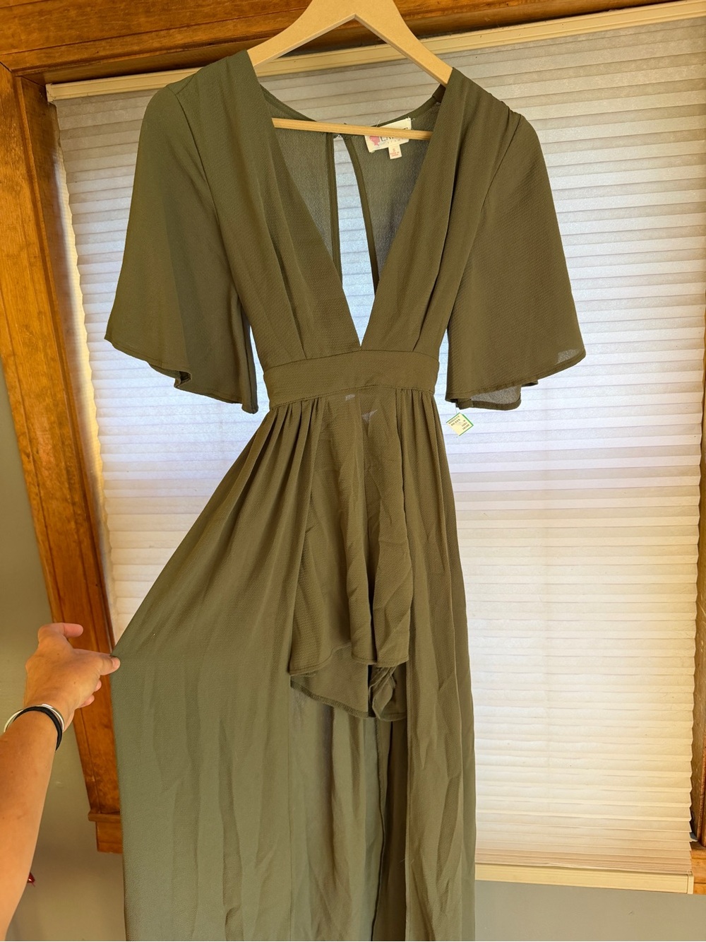 L'ATISTE Olive Green High-Low V-Neck Maxi Dress S 0175